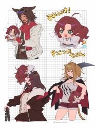 Rule 34 | 1boy, 3girls, :3, :d, animal ears, arknights, artist name, axe, bare shoulders, bear ears, black choker, black jacket, black sailor collar, blue eyes, blush, breasts, brown eyes, brown hair, candy, cardigan, carrying, carrying under arm, chibi, choker, cleavage, coat, commentary request, courier (arknights), cowboy shot, cropped torso, deer ears, fingerless gloves, food, food in mouth, fox ears, fur-trimmed jacket, fur trim, gloves, goggles, goggles on head, green eyes, hair between eyes, hammer, highres, holding, holding axe, holding weapon, jacket, lion ears, lollipop, long hair, long sleeves, medium breasts, multicolored hair, multiple girls, myrtle (arknights), neckerchief, off shoulder, on head, open mouth, osushi kome, over shoulder, planted, planted axe, pointy ears, red hair, red neckerchief, red scarf, sailor collar, scarf, shirt, shoes, short hair, siege (arknights), sleeveless, sleeveless shirt, small breasts, smile, streaked hair, tight clothes, translation request, twitter username, upper body, weapon, weapon over shoulder, white cardigan, white coat, white footwear, white shirt, zima (arknights)