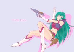 Rule 34 | 1girl, arm up, belt, boots, copyright name, energy gun, gloves, green eyes, green hair, holster, knee boots, legs, long hair, midriff, miruwao, red shirt, red shorts, reika (time gal), shirt, short shorts, shorts, solo, thighs, time gal, weapon, white footwear, white gloves