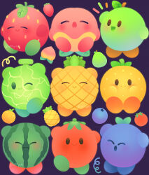 Rule 34 | :&gt;, :d, :o, artist name, berry, black eyes, blueberry, blush, closed eyes, closed mouth, commentary, english commentary, facing viewer, food, food focus, foodification, fruit, kirby, kirby (series), leaf, looking at another, looking at viewer, looking to the side, nintendo, no humans, one eye closed, open mouth, palm-fist greeting, peach, pear, pineapple, puffychii, purple background, simple background, sleeping, smile, strawberry, variations, watermelon