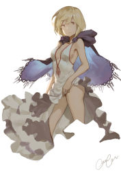 Rule 34 | 10s, 1girl, blonde hair, breasts, brown eyes, cancer (zjcconan), cape, cleavage, djeeta (granblue fantasy), dress, granblue fantasy, short hair, simple background, solo, white background