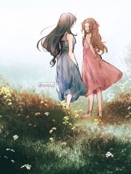 Rule 34 | 2girls, aerith gainsborough, back, black hair, blue dress, bracelet, brown hair, dress, field, final fantasy, final fantasy vii, final fantasy vii remake, flower, flower field, from behind, full body, grass, hair ribbon, highres, jewelry, long hair, looking at another, low-tied long hair, maiii (smaii i), multiple girls, open mouth, pink dress, pink ribbon, ribbon, sleeveless, sleeveless dress, standing, tifa lockhart, twitter username