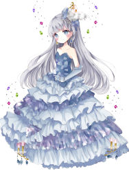 Rule 34 | 1girl, :o, bad id, bad pixiv id, bare shoulders, blue gemstone, blush, bow, bracelet, candelabra, candle, candlestand, collarbone, dress, earrings, elbow gloves, feather hair ornament, feathers, frilled dress, frills, full body, gem, gloves, green gemstone, grey eyes, grey gloves, grey hair, hair bow, hair ornament, head tilt, highres, jewelry, layered dress, long dress, long hair, looking at viewer, original, parted lips, purple bow, purple dress, purple gemstone, red gemstone, solo, strapless, strapless dress, topaz (stone), tsukiyo (skymint)