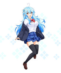 Rule 34 | 1girl, absurdres, ahoge, alternate costume, black thighhighs, blazer, blouse, blue hair, blue jacket, blue skirt, blush, bow, bowtie, braid, breasts, collared shirt, commentary request, elf, felutiahime, flower, french braid, hair between eyes, hair flower, hair ornament, half updo, heart, heart ahoge, highres, hololive, jacket, loafers, long hair, looking at viewer, medium breasts, open clothes, open jacket, open mouth, plaid, plaid skirt, pleated skirt, pointy ears, red bow, red bowtie, shirt, shoes, sidelocks, simple background, skirt, solo, thighhighs, virtual youtuber, white background, white shirt, yellow eyes, yukihana lamy, zettai ryouiki