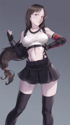 Rule 34 | 1girl, black hair, black skirt, breasts, brown eyes, brown hair, cheshirrr, commentary request, earrings, elbow gloves, feet out of frame, final fantasy, final fantasy vii, fingerless gloves, gloves, grey background, hair ornament, highres, jewelry, large breasts, long hair, looking at viewer, midriff, miniskirt, navel, parted bangs, pencil skirt, red eyes, simple background, skirt, smile, solo, square enix, standing, suspender skirt, suspenders, tank top, tifa lockhart