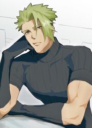 Rule 34 | 1boy, achilles (fate), black gloves, black shirt, brown eyes, closed mouth, fate/apocrypha, fate (series), gloves, green hair, haruakira, highres, leaning on object, male focus, mature male, muscular, muscular male, ribbed shirt, shirt, short hair, short sleeves, solo, undercut, upper body