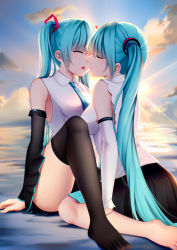 Rule 34 | 2girls, aqua hair, barefoot, black skirt, blush, cloud, detached sleeves, closed eyes, hatsune miku, hatsune miku (nt), hatsune miku (vocaloid4), highres, long hair, multiple girls, naisu, necktie, open mouth, outdoors, pleated skirt, sitting, skirt, sky, sunlight, thighhighs, toes, tongue, twintails, very long hair, vocaloid