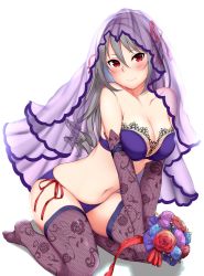 Rule 34 | 10s, 1girl, absurdres, adapted costume, bare shoulders, bikini, blush, bouquet, breasts, bridal veil, bride, cleavage, elbow gloves, fishnet gloves, fishnet thighhighs, fishnets, floral print, flower, gloves, gothic lolita, hair down, highres, idolmaster, idolmaster cinderella girls, kanzaki ranko, kneeling, lace, lace-trimmed bikini, lace trim, large breasts, lolita fashion, long hair, looking at viewer, navel, no shoes, oogatazin, print gloves, print thighhighs, red eyes, silver hair, simple background, smile, solo, swimsuit, thighhighs, veil
