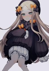 Rule 34 | 1girl, abigail williams (fate), absurdres, black bow, black dress, black hat, blonde hair, bloomers, blue eyes, blush, bow, breasts, dress, fate/grand order, fate (series), forehead, hair bow, hat, highres, long hair, long sleeves, looking at viewer, multiple hair bows, orange bow, parted bangs, polka dot, polka dot bow, ribbed dress, sleeves past fingers, sleeves past wrists, small breasts, solo, sumi (gfgf 045), underwear, white bloomers