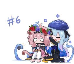 Rule 34 | 1boy, 1girl, :d, animal ears, arknights, black gloves, black hairband, black pants, black shirt, blue cape, blue flower, blue hair, blue headwear, blue neckerchief, blush, cape, cat ears, cat girl, cat tail, chibi, closed eyes, coat, commentary, creator connection, crying, elbow gloves, english commentary, fish, flower, full body, gloves, goldenglow (arknights), gradient hair, hairband, hands on own knees, head wreath, high tops, kneeling, knees together feet apart, kurotofu, lightning bolt print, long sleeves, mizuki (arknights), multicolored hair, neckerchief, o o, open clothes, open coat, open mouth, pants, pantyhose, pantyhose under shorts, pink coat, purple hair, red flower, shirt, shoes, shorts, simple background, sitting, smile, sneakers, tail, tentacles, thighhighs, u u, white background, white thighhighs
