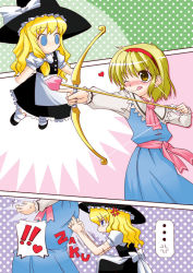 Rule 34 | alice margatroid, archery, arrow (projectile), artist request, blonde hair, blue eyes, blush, bow, bow (weapon), character doll, comic, cupid, doll, female focus, hairband, kanchou, kirisame marisa, non-web source, one eye closed, silent comic, touhou, weapon, wink
