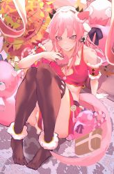 Rule 34 | 1girl, absurdres, armband, atelier live, bad id, bad pixiv id, black thighhighs, blue eyes, candy, candy cane, christmas, doughnut, dragon girl, dragon horns, dragon tail, eyebrows hidden by hair, food, hand on ground, hat, highres, holding, holding food, horns, huge filesize, kuzuryu io, looking at viewer, mini hat, nail polish, oekkusu, pink hair, pink nails, red skirt, santa hat, sitting, skirt, solo, tail, thighhighs, virtual youtuber
