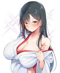 1girl amagami-san_chi_no_enmusubi amagami_yae arm_under_breasts bare_shoulders black_hair blush breasts cleavage collarbone green_eyes hair_ornament hakama highres japanese_clothes kimono large_breasts long_hair looking_at_viewer miko red_hakama solo tassel tassel_hair_ornament undressing white_kimono wide_sleeves xlyami