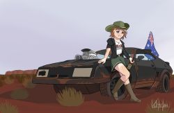 Rule 34 | ac/dc, alcohol, australian flag, beer, blue eyes, boots, car, desert, f1 (girls&#039; frontline), girls&#039; frontline, highres, mad max, motor vehicle, open mouth, red hair, short sleeves, shpagin41, skirt, slouch hat, tan