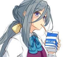 Rule 34 | ahoge, commentary request, dress shirt, drinking straw, grey eyes, grey hair, hair between eyes, hair bun, halterneck, highres, kantai collection, kiyoshimo (kancolle), long hair, long sleeves, low twintails, milk carton, multicolored hair, one-hour drawing challenge, school uniform, shirt, simple background, single hair bun, twintails, umegae ousuke, upper body, very long hair, white background, white shirt