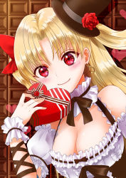 Rule 34 | 1girl, arm belt, ayamu (igakato), belt, blonde hair, box, breasts, candy, chocolate, chocolate heart, dress, earrings, ereshkigal (fate), eyebrows hidden by hair, fate/grand order, fate (series), flower, food, gift, gift box, hair ribbon, hat, heart, highres, holding, holding box, holding chocolate, holding food, jewelry, long hair, looking at viewer, red eyes, ribbon, rose, smile, solo, twintails, upper body, valentine