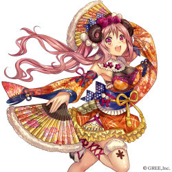 Rule 34 | 1girl, ankle lace-up, blush, bow, breasts, company name, cross-laced footwear, detached sleeves, dress, eyebrows, floral print, flower, folding fan, frilled dress, frills, hair bow, hair flower, hair ornament, hand fan, holding, holding fan, horns, kaizoku ookoku koronbusu, lace, long hair, looking at viewer, madogawa, official art, open mouth, original, outstretched arms, pink eyes, pink hair, polka dot, polka dot ribbon, ribbon, sandals, sheep horns, sidelocks, simple background, socks, solo, white background, wide sleeves