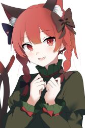 Rule 34 | 1girl, absurdres, animal ear fluff, animal ears, arina stepanova, black bow, bow, braid, cat ears, cat tail, extra ears, fang, hair bow, highres, kaenbyou rin, long sleeves, multiple tails, open mouth, portrait, puffy long sleeves, puffy sleeves, red bow, red eyes, red hair, simple background, skin fang, smile, solo, tail, touhou, twin braids, two tails, white background