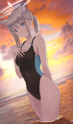 Rule 34 | 1girl, absurdres, animal ear fluff, animal ears, black one-piece swimsuit, blue archive, blue eyes, breasts, competition swimsuit, covered navel, cowboy shot, cross hair ornament, dutch angle, extra ears, gradient sky, grey hair, hair ornament, halo, hand on own chest, highres, horizon, looking at viewer, low ponytail, medium breasts, medium hair, mismatched pupils, multicolored clothes, multicolored swimsuit, ocean, one-piece swimsuit, orange sky, parusu (ehyfhugj), shiroko (blue archive), shiroko (swimsuit) (blue archive), sky, solo, standing, sunset, swimsuit, wading, wolf ears