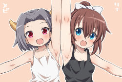 Rule 34 | 2girls, arm up, armpits, bare shoulders, blush, bow, character name, child, copyright request, eyebrows, hair between eyes, hair bow, horns, looking at viewer, multiple girls, orange background, pic k, short hair, simple background, sleeveless, strap, upper body