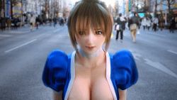Rule 34 | 1girl, 3d, animated, animated gif, ball, bouncing breasts, braid, breasts, breasts out, brown eyes, brown hair, city, dead or alive, gimp, incise soul, japanese clothes, kasumi (doa), lace, lace panties, large breasts, long hair, looking at viewer, lowres, m-rs, nipples, no bra, open clothes, outdoors, panties, public indecency, road, single braid, smile, source request, street, tecmo, thighhighs, underwear, very long hair