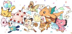 Rule 34 | :d, :o, antennae, arms up, bag, balloon, blue headwear, box, brown bag, cake, candle, closed mouth, commentary, confetti, creatures (company), dragonite, eevee, english commentary, envelope, fangs, fire, floating, flying, flying pikachu, food, fruit, game freak, gen 1 pokemon, gen 2 pokemon, gen 5 pokemon, gen 8 pokemon, gift, gift box, hat, highres, holding, holding envelope, holding gift, holding tray, igglybuff, meowth, milcery, mjoyart, mouth hold, nintendo, no humans, open mouth, oshawott, party hat, pennant, pidgey, pikachu, pink headwear, poke ball symbol, pokemon, pokemon (creature), red eyes, running, satchel, simple background, smile, snubbull, sticker, strawberry, string of flags, tray, v-shaped eyebrows, white background