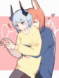 Rule 34 | !, 2girls, animal ears, arknights, black pants, blue hair, blue shirt, bright pupils, chinese commentary, closed mouth, collarbone, commentary request, cowboy shot, expressionless, closed eyes, fox ears, franka (arknights), hands up, heart, highres, hug, hug from behind, liskarm (arknights), long hair, long sleeves, multiple girls, orange hair, pants, ponytail, red eyes, shirt, sleeves past wrists, spoken exclamation mark, sweater, white pupils, xiao lu, yellow sweater, yuri