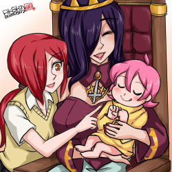 Rule 34 | 3girls, baby, blush, dress, closed eyes, hair over one eye, hamu agaki, highres, mother and baby, mother and child, mother and daughter, multiple girls, nail polish, open mouth, parasoul (skullgirls), pink hair, purple hair, queen nancy renoir, red hair, red nails, school uniform, siblings, sisters, skullgirls, smile, sweater vest, throne, tongue, tongue out, umbrella (skullgirls), yellow eyes, aged down
