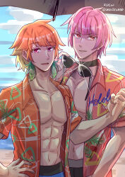 Rule 34 | 2boys, absurdres, earrings, feather earrings, feathers, genderswap, genderswap (ftm), gradient hair, green hair, hawaiian shirt, highres, hololive, hololive english, jewelry, looking at viewer, male focus, mori calliope, multicolored hair, multiple boys, muscular, muscular male, open clothes, open mouth, open shirt, orange hair, pink hair, purple eyes, shirt, short hair, smile, sunglasses, takanashi kiara, virtual youtuber, xu chin-wen, yaoi
