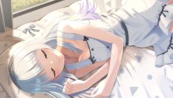 Rule 34 | 1girl, ^ ^, bare arms, bare shoulders, bed, black bow, bow, breasts, brooch, closed eyes, closed mouth, collarbone, copyright request, curtains, dress, etyaduke, facing viewer, frilled dress, frills, gradient hair, hands up, highres, indoors, jewelry, long hair, lying, multicolored hair, on bed, on side, pillow, purple hair, silver hair, sleeveless, sleeveless dress, small breasts, smile, solo, very long hair, virtual youtuber, white dress, window