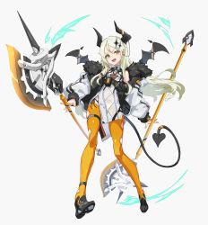 Rule 34 | 1girl, axe, cancell, demon girl, demon tail, demon wings, fang, fang out, fur jacket, green hair, hair ornament, highres, horns, jacket, long hair, orange eyes, original, solo, tail, weapon, white background, wings, yellow legwear