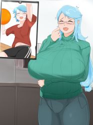 Rule 34 | 1girl, :d, absurdres, arm under breasts, ball, basketball, basketball (object), black shorts, blue hair, breasts, cellphone, closed eyes, coco (setawar), commentary, curvy, english commentary, glasses, green sweater, highres, huge breasts, huge filesize, large breasts, laughing, long hair, mature female, open mouth, original, pants, phone, fake phone screenshot, red shirt, ribbed sweater, shirt, short sleeves, shorts, smartphone, smile, standing, sweater, swept bangs, t-shirt, turtleneck