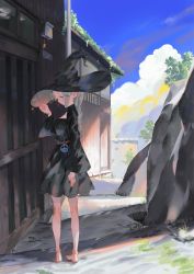 Rule 34 | 1girl, absurdres, ankle ribbon, anklet, bare legs, barefoot, belt, black dress, blush, braid, braided ponytail, cloud, cloudy sky, dress, flask, grey hair, hand on headwear, hat, highres, jewelry, kneepits, leg ribbon, looking to the side, original, ribbon, ring, road, sad, scenery, short dress, shrimp cc, sky, street, witch, witch hat
