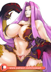 Rule 34 | 1girl, absurdres, breasts, fate/grand order, fate (series), female focus, gorgon (fate), highres, large breasts, matching hair/eyes, medusa (fate), medusa (rider) (fate), navel, patreon username, pubic tattoo, purple eyes, purple hair, rider, solo, tattoo, watermark, web address