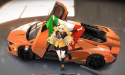 Rule 34 | 1girl, bike shorts, black footwear, black shirt, black skirt, black socks, blonde hair, blue eyes, breasts, car, collared shirt, commentary, dongdong (0206qwerty), english commentary, flag, fluffy hair, full body, girls&#039; frontline, hairband, highres, holding, holding flag, indoors, italian flag, lamborghini, lamborghini revuelto, leg up, long hair, looking at viewer, motor vehicle, neckerchief, open mouth, pleated skirt, s.a.t.8 (girls&#039; frontline), shirt, shoes, skirt, socks, solo, standing, standing on one leg, two-tone shirt, yellow hairband, yellow shirt
