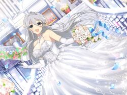 Rule 34 | 1girl, armpits, balcony, banister, bare shoulders, blue ribbon, blush, bouquet, bow, breasts, bride, candelabra, candle, candlestand, center frills, cleavage, dress, eiffel tower, elbow gloves, falling petals, fire, floral print, flower, flower wreath, frills, gekkou (senran kagura), gloves, green eyes, grey hair, hair between eyes, holding, holding bouquet, indoors, jewelry, lace, lace-trimmed dress, lace-trimmed gloves, lace trim, large breasts, leaf, long hair, looking at viewer, official alternate costume, official art, open mouth, painting (object), pendant, petals, picture frame, pink flower, pink rose, plant, potted plant, ribbon, rose, see-through, see-through cleavage, senran kagura, senran kagura new link, shiny skin, smile, solo, stairs, standing, tareme, tiara, waist bow, wedding, wedding dress, white bow, white dress, white flower, white gloves, white rose, yaegashi nan, yellow flower, yellow rose