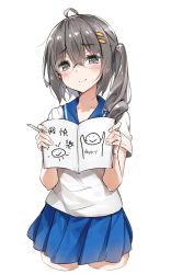 Rule 34 | 1girl, ahoge, blue sailor collar, blue skirt, blush, closed mouth, commentary request, cropped legs, drawing, glasses, grey eyes, grey hair, hair between eyes, hair ornament, hairclip, highres, holding, holding notebook, holding pencil, long hair, looking at viewer, notebook, original, pencil, pleated skirt, rimless eyewear, sailor collar, school uniform, serafuku, shirt, short sleeves, side ponytail, simple background, skirt, smile, solo, standing, uniform, wet.elephant, white background, white shirt