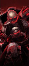 Rule 34 | 1boy, armor, black gloves, brown coat, chair, coat, commentary, crossed legs, gloves, glowing, glowing eyes, helmet, highres, holding, holding weapon, league of legends, looking at viewer, male focus, power armor, red theme, ro g (oowack), sitting, solo, viktor (league of legends), weapon