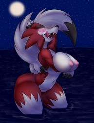Rule 34 | 1girl, animal ears, arm up, breast hold, breasts, claws, collarbone, colored sclera, creatures (company), dog ears, dog tail, female focus, furry, furry female, game freak, gen 7 pokemon, glowing, glowing eyes, hand on head, hand up, large breasts, looking at viewer, lycanroc, lycanroc (midnight), moon, navel, night, night sky, nintendo, nipples, nude, oscar carrillo, outdoors, partially submerged, pink eyes, pink sclera, pokemon, pokemon (creature), pokemon sm, puffy nipples, pussy, sharp teeth, sky, smile, solo, standing, star (sky), starry sky, tail, teeth, thick thighs, thighs, tongue, tongue out, uncensored, wading, water, wide hips