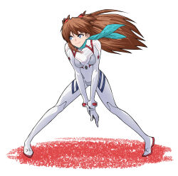 Rule 34 | 1girl, alternate hair length, alternate hairstyle, blue eyes, blush, bodysuit, breasts, brown hair, evangelion: 3.0+1.0 thrice upon a time, floating hair, full body, highres, interface headset, lips, long hair, looking to the side, medium breasts, neon genesis evangelion, plugsuit, rebuild of evangelion, sashimi (sasihmi), skin tight, smile, solo, souryuu asuka langley, thighs, very long hair, white bodysuit, wide hips