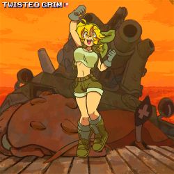 Rule 34 | 1girl, abs, ahoge, animated, animated gif, bandana, belt, blonde hair, boots, bouncing breasts, breasts, cleavage, crab, crop top, cropped jacket, fingerless gloves, full body, gloves, gun, highres, jumping, kasamoto eri, large breasts, looking at viewer, metal slug, midriff, navel, short shorts, shorts, smile, solo, tank top, toned, twistedgrim, vest, weapon