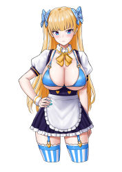 Rule 34 | 1girl, apron, bad id, bad pixiv id, bikini, bikini top only, blonde hair, blue bikini, blue eyes, blue garter straps, blue nails, blunt bangs, blush, borrowed character, bow, bowtie, bra, breastless clothes, breasts, buttons, cleavage, clenched hands, closed mouth, collarbone, contrapposto, covered erect nipples, cowboy shot, detached collar, dress, frilled dress, frilled thighhighs, frills, furrowed brow, garter straps, hair between eyes, hand on own hip, heart button, heart o-ring, heart ring top, highres, large breasts, leg up, lina (michihasu), long hair, looking at viewer, multicolored eyes, nail polish, original, ribbon, shiromashiro97, simple background, skirt, solo, strap gap, striped bow, striped clothes, striped ribbon, striped thighhighs, suspender skirt, suspenders, swimsuit, thighhighs, tsurime, two side up, underboob, underwear, vertical-striped bow, vertical-striped clothes, vertical-striped thighhighs, very long hair, waist apron, waitress, white background, wrist cuffs, yellow bow, yellow bowtie, zettai ryouiki