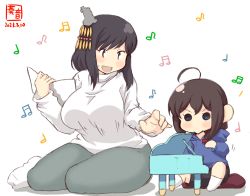 Rule 34 | 2girls, ahoge, alternate costume, artist logo, beamed eighth notes, black hair, blue eyes, blue hoodie, book, braid, brown hair, child, commentary request, dated, eighth note, hair ornament, hair over shoulder, highres, holding, holding book, hood, hoodie, instrument, kanon (kurogane knights), kantai collection, long sleeves, multiple girls, music, musical note, one-hour drawing challenge, open mouth, piano, playing instrument, quarter note, red eyes, shigure (kancolle), short hair, simple background, single braid, sitting, smile, socks, sweater, wariza, white background, white legwear, white sweater, yamashiro (kancolle), aged down