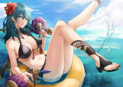 Rule 34 | 1girl, aqua hair, bare arms, bare legs, bare shoulders, bikini, black bikini, black footwear, blue eyes, blue sky, breasts, byleth (female) (fire emblem), byleth (fire emblem), cloud, commentary, day, expulse, feet out of frame, fire emblem, fire emblem: three houses, fire emblem heroes, flower, hair between eyes, hair flower, hair ornament, hibiscus, holding, innertube, knee up, large breasts, leg up, long hair, looking at viewer, nail polish, navel, nintendo, official alternate costume, parted lips, purple nails, red flower, sandals, single sandal, sitting, sky, solo, stomach, swim ring, swimsuit, thighs, toenail polish, toenails, water