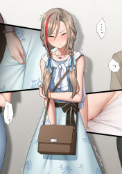 Rule 34 | ..., 1girl, bag, bare shoulders, black ribbon, blue ribbon, blue shirt, blue skirt, blush, bracelet, braid, breasts, brown hair, close-up, closed eyes, closed mouth, collarbone, embarrassed, female focus, floral print, hair between eyes, hair ribbon, have to pee, highres, holding own arm, jewelry, kurusu natsume, kurusu natsume (1st costume), long hair, maanii, multicolored hair, multiple views, necklace, nijisanji, nose blush, panties, partially visible vulva, pee, red hair, ribbed shirt, ribbon, sash, shirt, shirt tucked in, shoulder bag, skirt, sleeveless, sleeveless shirt, small breasts, solo focus, speech bubble, split mouth, spoken ellipsis, standing, streaked hair, sweat, sweater, sweater around neck, tears, trembling, twin braids, two-tone hair, underwear, virtual youtuber, watch, white panties, white sweater, wristwatch