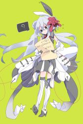 Rule 34 | 1girl, ?, animal ears, aqua eyes, black gloves, bow, bowtie, commentary, detached sleeves, dress, dress bow, eleanor forte, forte (symbol), full body, gloves, green background, grey bow, grey bowtie, grey hair, high heels, highres, holding, holding letter, kamada (yamadarou), letter, long hair, paper, rabbit ears, solo, spoken question mark, striped clothes, striped thighhighs, synthesizer v, thighhighs, twintails, very long hair, wax seal hair ornament, white dress, white sleeves, white thighhighs