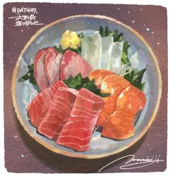 Rule 34 | bowl, fish, fish (food), food, food focus, highres, meat, momiji mao, no humans, original, sashimi, seafood, signature, simple background, still life, vegetable