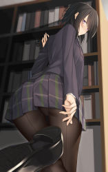Rule 34 | 1girl, against wall, ass, black footwear, black hair, black pantyhose, blurry, blush, bookshelf, breasts, closed mouth, commentary request, crotch seam, depth of field, foot up, foreshortening, from behind, from below, grey jacket, grey skirt, highres, indoors, jacket, looking back, medium breasts, original, pallad, pantyhose, pleated skirt, purple eyes, short hair, skirt, solo, standing, standing on one leg, suit jacket, swept bangs, upskirt