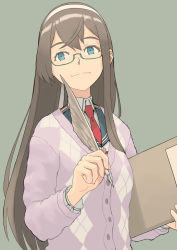 Rule 34 | 1girl, blue eyes, blue sailor collar, cardigan, closed mouth, commentary request, glasses, green-framed eyewear, green background, hair between eyes, hairband, highres, holding, kantai collection, long hair, long sleeves, necktie, ooyodo (kancolle), quill, red necktie, sailor collar, simple background, solo, taruya, upper body, very long hair, white hairband