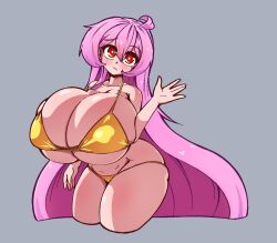 Rule 34 | 1girl, ahoge, bikini, breasts, cleavage, collarbone, curvy, gigantic breasts, gold bikini, grey background, highres, huge breasts, long hair, masked agent, orange eyes, pink hair, skindentation, solo, swimsuit, thick thighs, thighs, ursula (masked agent), very long hair, waving, wide hips