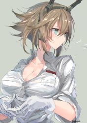 Rule 34 | 10s, 1girl, absurdres, alternate costume, breasts, brown hair, cigarette, cleavage, commentary request, gloves, green eyes, hair between eyes, headgear, highres, kantai collection, large breasts, looking to the side, mutsu (kancolle), nao (qqqbb), short hair, simple background, smoke, smoking, solo, twitter username, white gloves